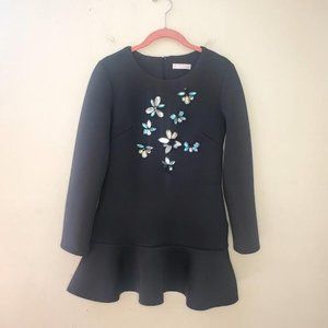 Xinyuan Fashion- Black Long Sleeves Jewel Embellished Mini w/Ruffle Hem Sz S